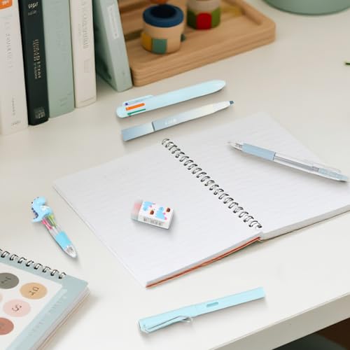 MOTIBACK 6-teiliges Dinosaurier 4-Farben Kugelschreiber Set – Komplettes Set für Studium und Büro mit Kugelschreiber, Bleistift und Radiergummi (Blau)