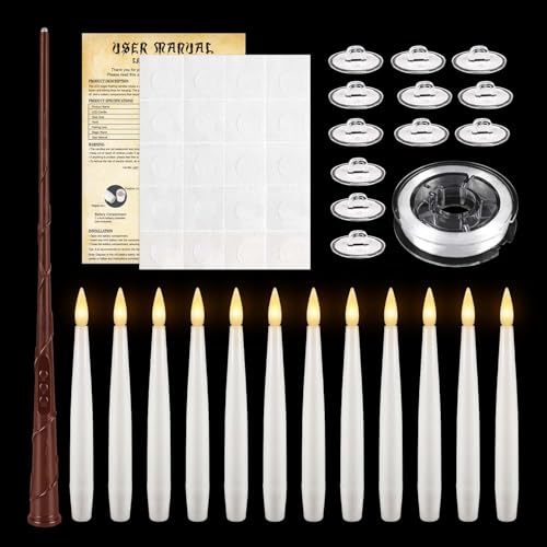 Image of Floating Candles with Magic Wand Remote, 12 Pack LED Taper Candles Flickering Warm Light, Hanging Candles with 12 Hooks, Fishing Line & Glue Dots, Halloween Christmas Decorations for Home Party