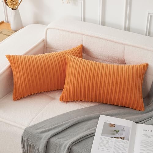 UGASA Fall Decorative Soft Velvet Stripe Lumbar Pillow Covers Set of 2 Solid Corduroy Textured Euro Oblong Cushion Cases for Couch Bedroom Sofa Farmhouse, 12x20 Inch, Orange