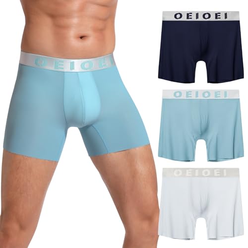 OEIOEI Unterhosen Männer Eisseide Sport Boxershorts Herren Atmungsaktiv Unterwäsche Trunks 3er Pack (L, Marineblau/Himmelblau/Hellblau)