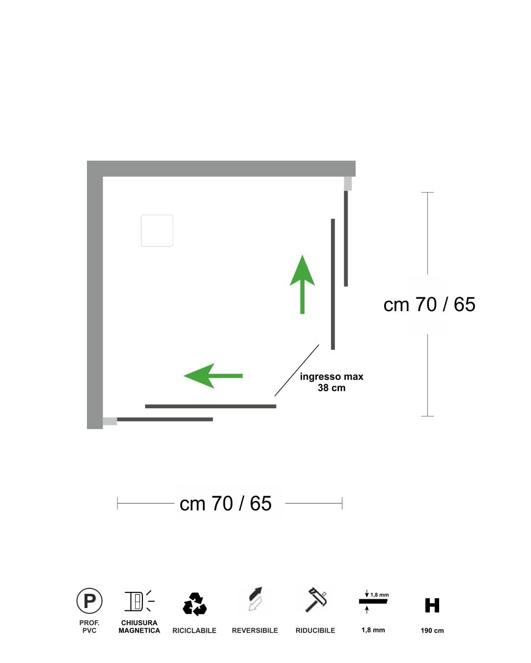 Box Doccia angolare cm 70x70 profili in pvc e pannello in acrilico 1,8 mm con apertura scorrevole e chiusura magnetica