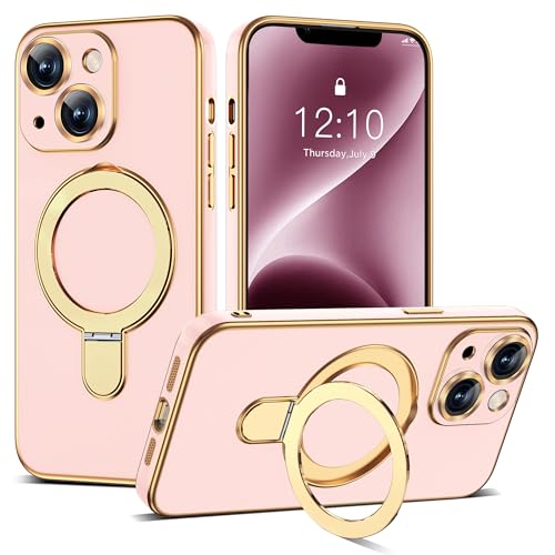 ETPESOK Compatible with iPhone 14 Case with Magnetic Ring Stand [Compatible with Mag-Safe] [Full Camera Lens Protector] Soft Plating Phone Case for iPhone 14 6.1", Solid Pink