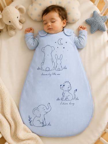 Image of TuddyBuddy Baby Cotton Wearable Quilted Sleeping Bag Blanket 1.5 Tog with 2 Way Zipper Closure | Ideal for Babies & Kids Hypoallergenic Fabrics | (Lions's Family - Sky Blue, 0-6 Months)