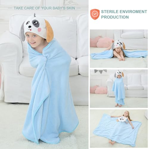 Image of MICHLEY Cartoon Hooded Baby Towel Unisex, Premium Soft Swimming Bathrobe Large Washcloths 31.5 inch x 53 inch for 0-9T (Blue Dog)