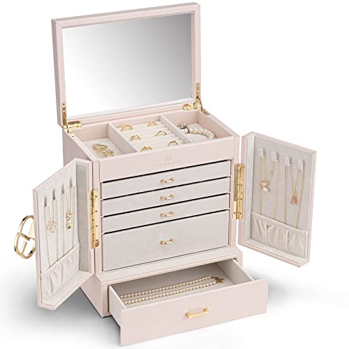 Vlando Joyero grande francés de 6 niveles, organizador de joyas grande XXL con espejo, cajones, almacenamiento de joyas para mujer, joyero para pendientes, cadenas, relojes