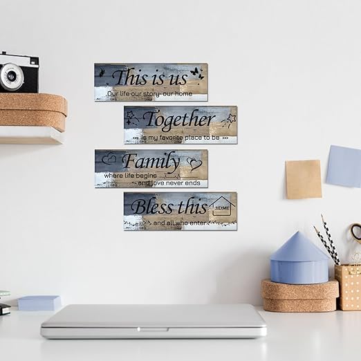 MANDALA SOUL 4 Pieces Orange and Blue Abstract Living Room Wall Decor, Motivational Home Family Rustic Wall Art Decor for Bedroom Living Room, Rustic Wooden Farmhouse Home Decor, 12 x 4 Inch 3
