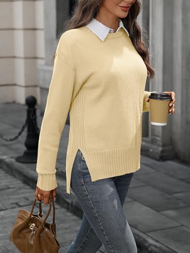 Women's Wool Blend Side Slit Hem Crewneck Long Sleeve Loose Fit Pullover Sweater2