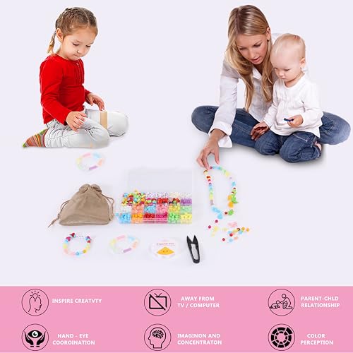 Image of ambitieux Diy Bracelet Making Kit - 600 + Pcs 24 Colorful Beads, 10M Elastic Thread, Jute Bag, And Cutter - Gift For Girls Birthdays (All Color),Multicolor
