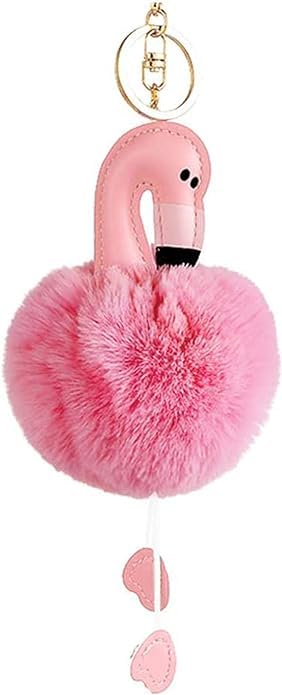 Plush Flamingo Keychain Metal, Fluffy Key Ring, Soft Balls Keyring Handbag Car Pendant Ornaments for Women Souvenir Birthday Gift -Pink