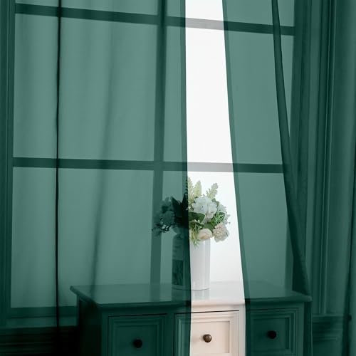Image of OVZME Hunter Green Sheer Curtains 84 Inches Long 2 Panels - Soft Light Filtering Christmas Sheer Panels for Living Room /Bedroom, Top Dual Rod Pocket, 1 Pair, Each 42Wx84L
