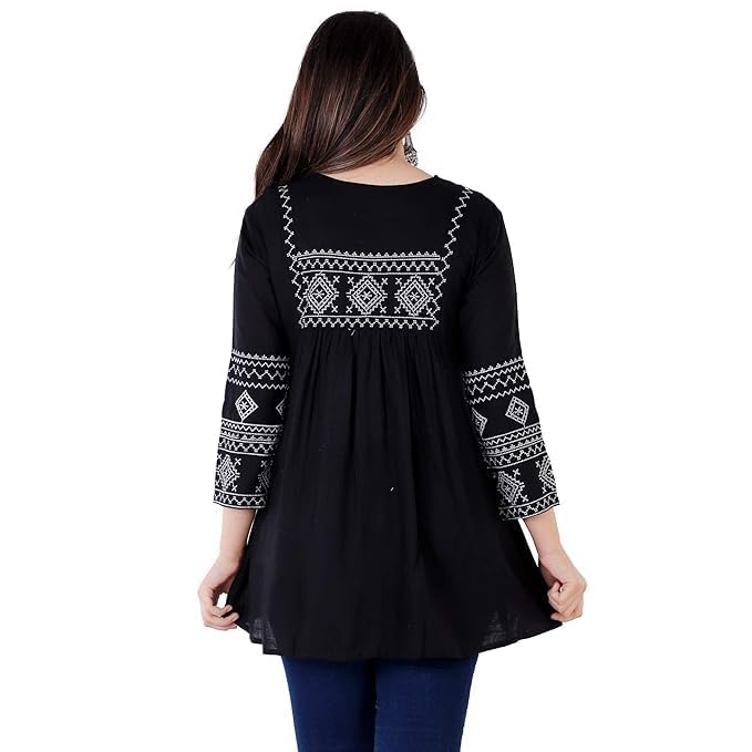 Image of Avayayat Women's Rayon Classic Heavy Embroidery Top with Beautifull Tassels at Front and on Both Sleeves Regular Fit Office Wear Festival Tunic Jeans Summer
