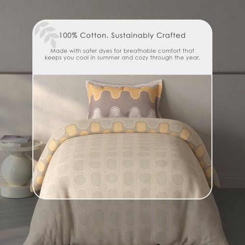 Image of Spaces Fiora Geometric Single Bedsheet with 1 Pillow Covers | 100% Cotton Bed Sheet | Percale Bedding Set | Super Soft & Breathable Bedsheet | Beige | 152 x 228 Cm