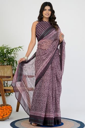 Image of MIRCHI FASHION Women Saree Cotton Blend Leaf Printed | Traditional Festive and Occasional Sari with Unstitched Blouse