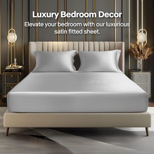 BEDELITE Satin Fitted Sheet and Pillowcase Set, Luxury Soft Similar to Silk Bottom Bed Sheet with Elastic Corner Straps, Deep Pocket up to 15 Inch, 1 Fitted Sheet and 1 Pillowcase(Twin, Grey)