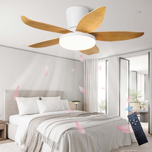 LASANYA Lampadario con Ventilatore da Soffitto, 5 Pale a Doppia Finitura，Motore DC Reversibile ， Funzione Estate-inverno, per Camera da Letto Soggiorno Studio-bianco legno
