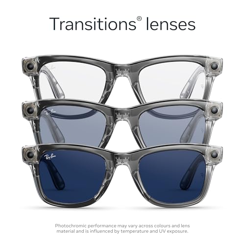 Image of Ray-Ban Meta Wayfarer (Gen 2) with Meta AI, photo and video capture, longer battery life - Shiny Transparent Grey, Transitions Sapphire Lenses