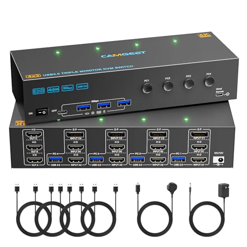 Image of KVM Switch 3 Monitors 4 Computers 4K@60Hz,EDID Simulation,USB 3.0 HDMI Displayport KVM Switch Triple Monitor for 4 PC Share 3 Monitors and Keyboard Mouse Printer,with Wired Remote and 4 USB Cables