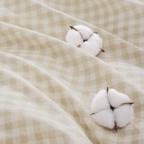 Image of Andency Cream Gingham Duvet Cover Full, 100% Wash Cotton Linen Like Textured Breathable Comforter Cover Set, 3 Piece Beige Classic Yarn-Dyed Checkered Plaid Bedding Set, 79 inch*90 inch