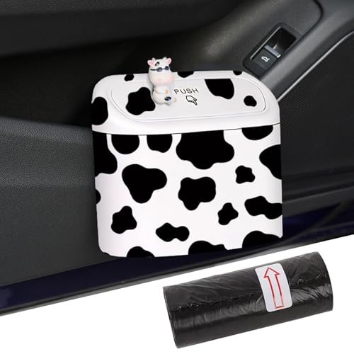 Image of SuperKaKa Car Cow Print Trash Can - White Garbage Organizer Holder with Black Trash Bag Rolls, Cute Automotive Dustbin for Most Cars Interior Accessories (1, White)
