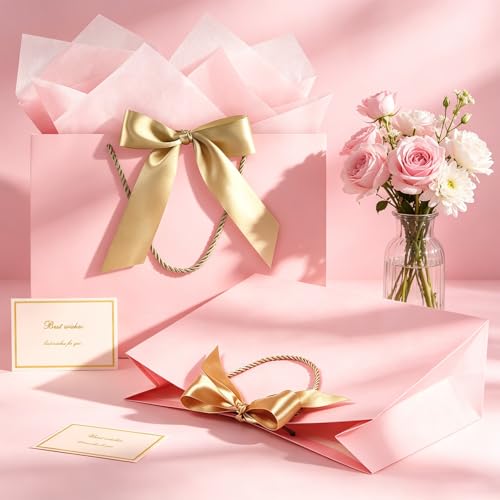 Image of JMANNI Gift Bags with Handles, 13 inch Medium Gift Bag for Presents, 8 Pcs Bags with 16 Tissue Paper and 8 Cards for Baby Shower Wedding Bridal Shower Mother's Day Birthday Party(pink)