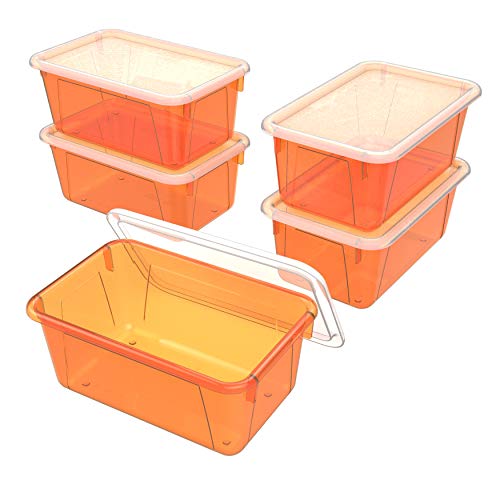 Image of Storex Small Cubby Bins - Plastic Storage Containers for Classroom with Non-Snap Lid, 12.2 x 7.8 x 5.1 inches, Tint Orange, 5-Pack (62485A05C)