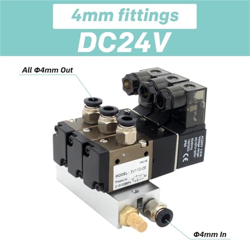 Électrovanne normalement ouverte 3V110-06-NO 24V avec raccords 4mm et silencieux