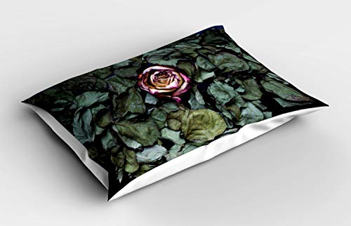 ABAKUHAUS Vintage Rose Federe Cuscini Stampata, Fiore della Rosa Foglie secche, Decorativo e Dimensioni Standard, 90 cm x 50 cm, Baby Pink Verde Salvia