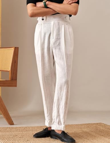 Men's Linen Casual Pant Italian Style Adjustable High Waist Pants Beach Summer Trousers Rolled Pants2