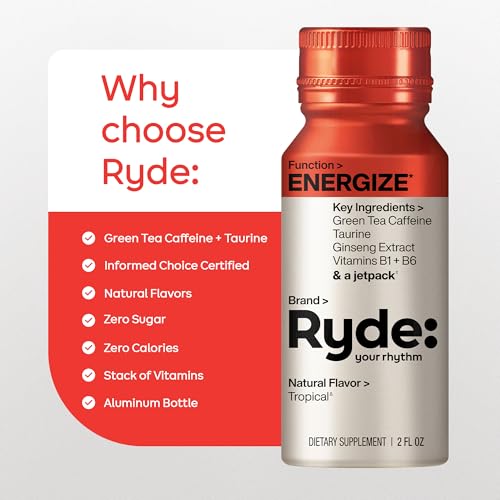 Image of Ryde: Energy Shot, 0 Calories, 0 Sugar, Green Tea Caffeine, Taurine, Ginseng Extract & B Vitamins,2 FL OZ Shots, Tropical Flavor, Boosts energy (24 Pack)