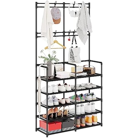 UDEAR 5-Tier Coat and Shoe Rack, Entryway Coat Rack with 8 Hooks, Double Row Shoes Organizer for Living Room, Bedroom, Office, Black Cover