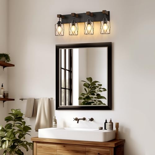 Image of Bathroom Light Fixtures, Farmhouse Wood & Black Metal with Glass Shade | 4 Light Rustic Vanity Lights, Mounted Over Mirror For Bathroom, Bedroom and Hallway, Easy To Install