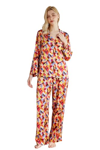 Image of YiNi LuLu Womens Silk Satin Pajamas Set Button Down 2 Piece Pjs Long Sleeve Oversized Sleepwear with Pockets