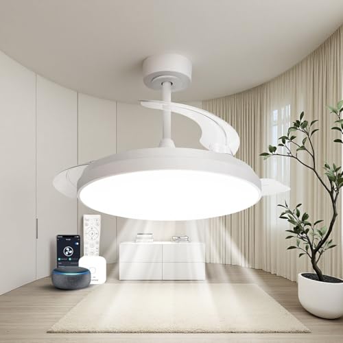 Aigostar Mesh - Ventilador de Techo con luz Inteligente con Aspas Retráctiles, LED 50W + DC 28W - APP/Mando, CCT Regulable 2700K-6500K, Silencioso, Temporizador, Función Invierno/Verano (106cm)