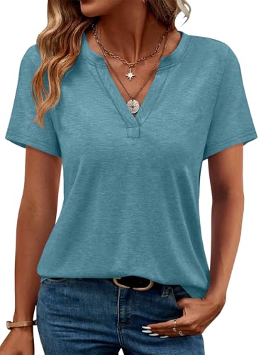 Image of WEESO Womens Tops Summer Short Sleeve V Neck Blouses Business Casual Loose Fit Tshirts Trendy Fashion Outfits