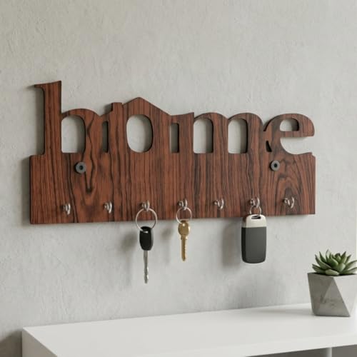 Image of Wooden Home Deign Key Holder for Wall | 7 Hooks Wall Mounted Key Hanger for Home Entrance | Decorative Wooden Key Stand for Living Room & Office | Key Organizer Rack for Wall Decor Brown