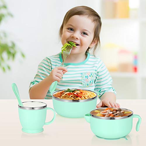Children\'s Dinnerware Set, TOPBOOC Toddler Dinning Set,BPA Free Kids Tableware Include Bowl, Water Bottle, Suction Plate and Utensil Set Spoon and Fork(Green)
