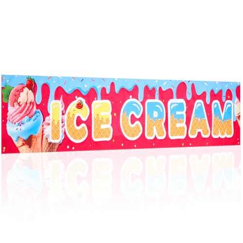 Tegeme Ice Cream Banners Sign 2 x 10 Feet Ice Cream Flag Oxford Fabric Banners with 10 Holes for Business Store Outside