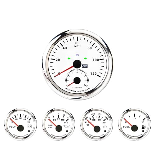 Image of MOTOR METER RACING 110mm 4-3 /8 inch W PRO Series 5 Gauge Set White Dial | Red LED, 2-in-1, GPS Speedometer, Tachometer, 52mm, 2-1 /16 inch, Volt, Fuel Level, Water Temp, Oil Press, Car, Boat, Truck