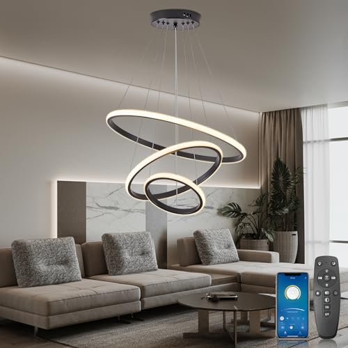YOODI Moderne LED Pendelleuchte Esstisch, 3 Ringen LED Hängeleuchte 45W, Dimmbar Mit Fernbedienung Pendellampe, 3000K-6000K, Linear Design Pendelleuchten für Esszimmer, Wohnzimmer (Schwarz)