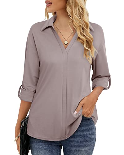 Vivilli Womens Blouses For Work Dress Shirts And Blouse V Neck Relaxed Fit Cotton 3/4 Cuffed Sleeve Collared Shirts For Office Wear Lightweight Dressy Tops For Women Work Casual Adobe Rose L #TOP1