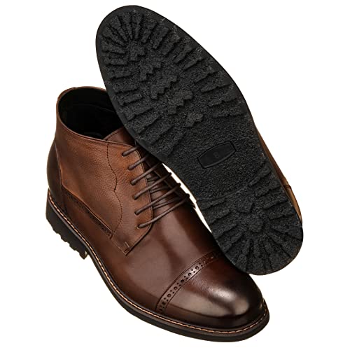 Image of CALTO Men's Invisible Height Increasing Elevator Shoes - Coffee Brown Leather Lace-up Cap-toe Boots with Inner Faux Fur - 3.2 Inches Taller - Y41084 - Size 12 D(M) US