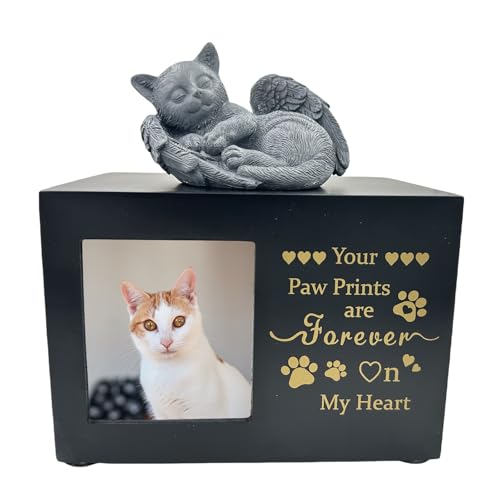 Large Wooden Pet Urn for Ashes,Elegant Angel Cat Statue and Ashes Keepsake with Photo Frame,Loss Pet Memorial Gift(Black)