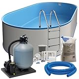 Stahlwand Ovalpool-Set (L x B x T) 8,00 m x 4,20 m x 1,50 m, Pool Made in Europe, mit Edehlstahlleiter für Tiefbecken, SF152 Sandfilteranlage mit 11 m³/h, Einbauskimmer, Filtersand, Poolschlauch
