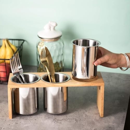 Support à couverts en acier inoxydable avec base bois premium