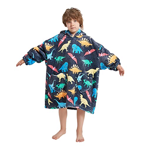 Mewkou Wearable Blanket Hoodie For Kids 4-12Yr,Oversized Sherpa Hooded Wearable Blanket Sweatshirt With Pockets,Gifts For Girls Boys Teens Birthday Christmas,Little Dinosaur #TOP4