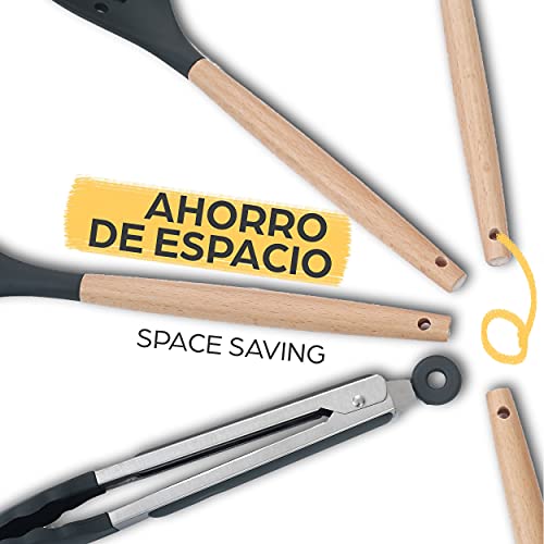 Set-de-8-Utensilios-de-Cocina-de-Silicona-Resistente-al-Calor-Mango-de-Madera-Con-Soporte-Con-Agujeros-para-Colgar