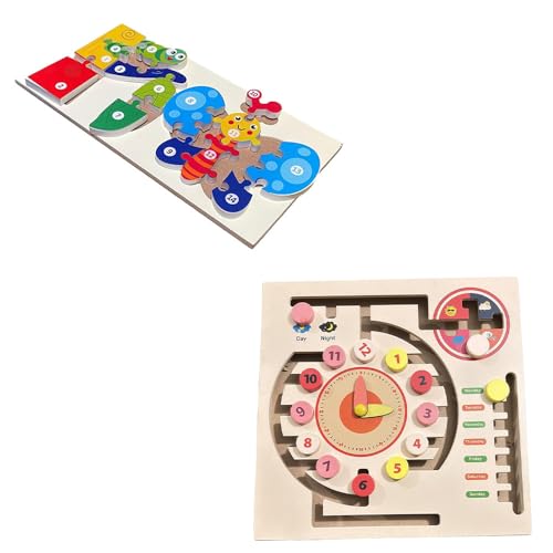 Image of Butterfly Life Cycle Wooden Puzzle for Kids, Interactive Transformation Puzzle, Ages 2+ | Maze Game Weather Calendar Clock-Interactive Weather & Time Learning | Combo Pack of 2