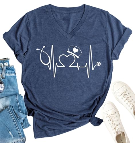 Nurse Shirt for Women Nurses Week Tees Heartbeat Print Vneck Tshirt Medical Tee for Nursing Students Nursing Life Tops Blue