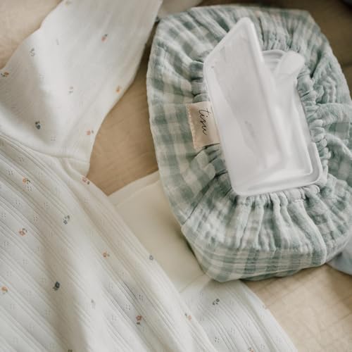 Image of Baby Wipes Cover – Universal Size, One Size Fits All Wipes Packages | Muslin Cotton Tissue Cover for Nursery, Diaper Bag & Changing Table, Station | Gingham & Neutral Patterns (Light Mint Gingham)