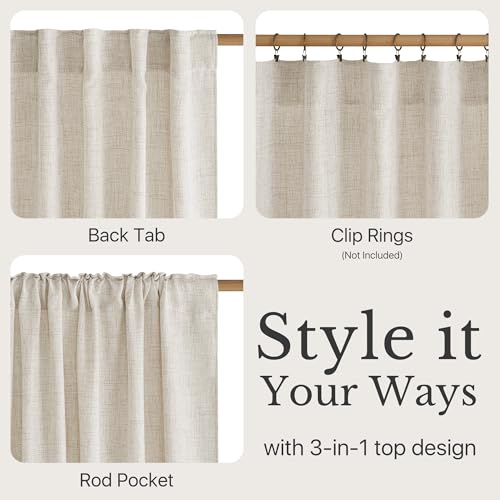 NICETOWN Faux Linen Curtains 96 inches Long 2 Panels for Bedroom, Semi Sheer Drapes Light Filtering Rod Pocket & Back Tab Washable Window Treatments Privacy for Living Room, Light Linen, W52 x L96 by NICETOWN - Image 3